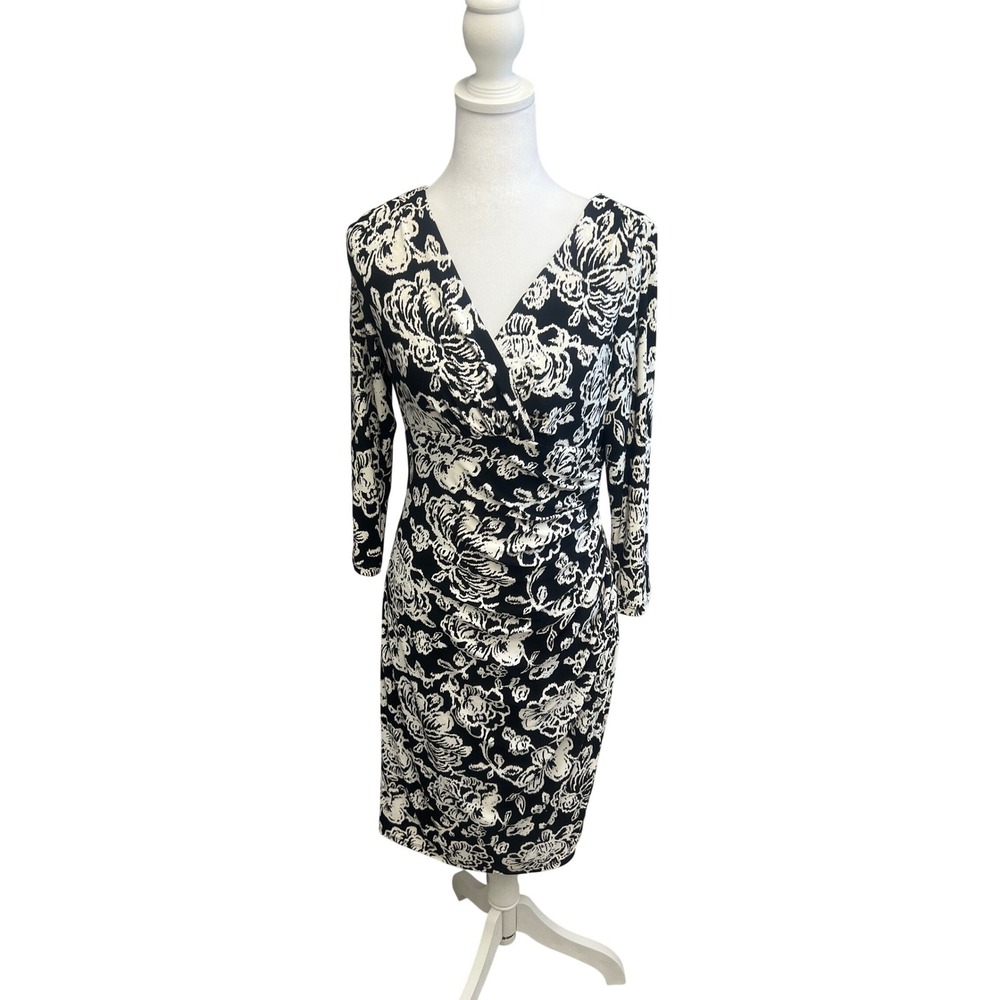 Lauren Ralph Lauren Dress Faux Wrap Floral Black White Sz 4 Jersey Knit Feminine